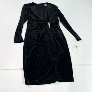 Calvin Klein Dress Womens Size 12 Black Velvet V-Neck Long Sleeve Belted Mini NW